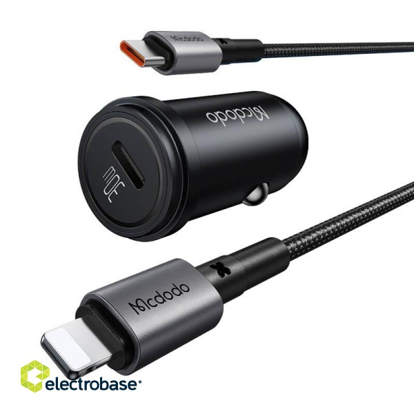 Mcdodo CC-7492 car charger, USB-C, 30W + USB-C to Lightning cable (black) paveikslėlis 2