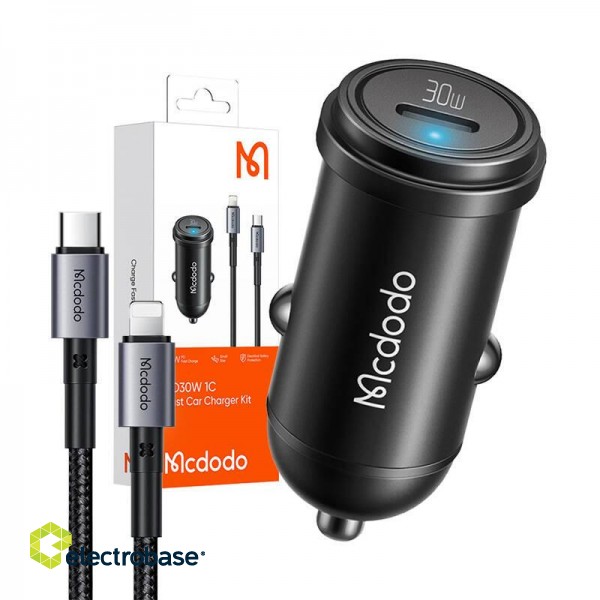 Mcdodo CC-7492 car charger, USB-C, 30W + USB-C to Lightning cable (black) paveikslėlis 7