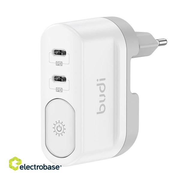 Wall charger with light Budi 326DE, 2xUSB-C, 40W, (white) фото 1