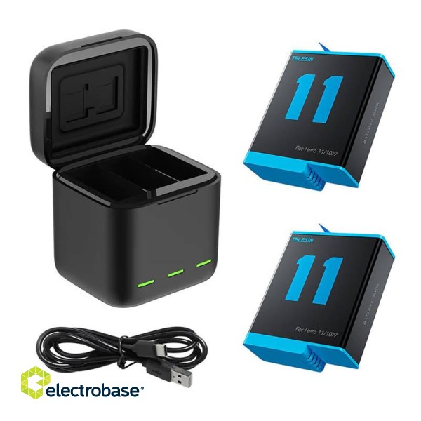 Telesin 3-slot charger box for GoPro Hero 9 / Hero 10 / Hero 11 / Hero 12 + 2 batteries (GP-BNC-901) фото 1
