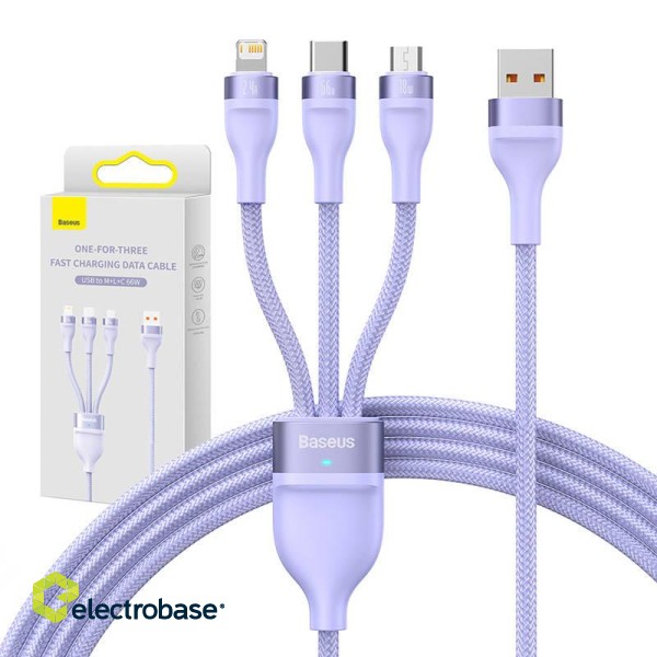 3in1 USB cable Baseus Flash II Series, USB-C + micro USB + Lightning, 66W, 1.2m (Purple) image 1
