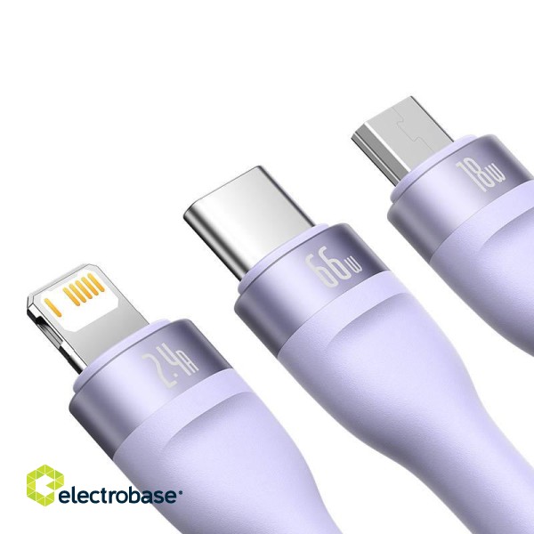 3in1 USB cable Baseus Flash II Series, USB-C + micro USB + Lightning, 66W, 1.2m (Purple) image 3