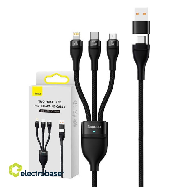 3in1 USB cable Baseus Flash Series 2, USB-C + micro USB + Lightning, 100W, 1.2m (black) paveikslėlis 1