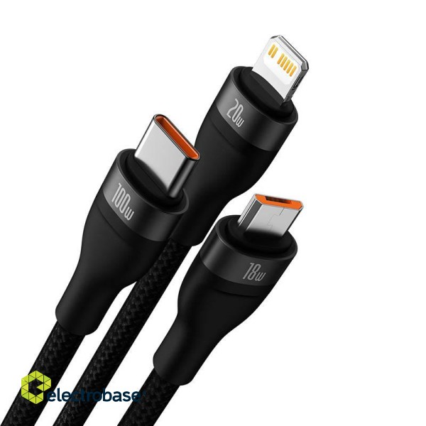 3in1 USB cable Baseus Flash Series 2, USB-C + micro USB + Lightning, 100W, 1.2m (black) image 3