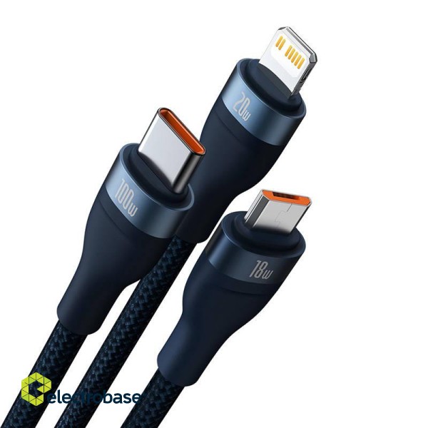 3in1 USB cable Baseus Flash Series 2, USB-C + micro USB + Lightning, 100W, 1.2m (blue) paveikslėlis 2