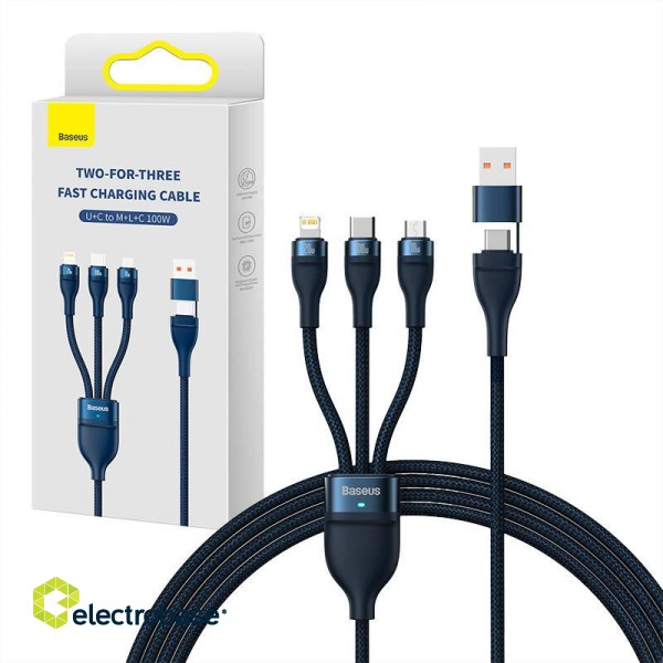 3in1 USB cable Baseus Flash Series 2, USB-C + micro USB + Lightning, 100W, 1.2m (blue) фото 6