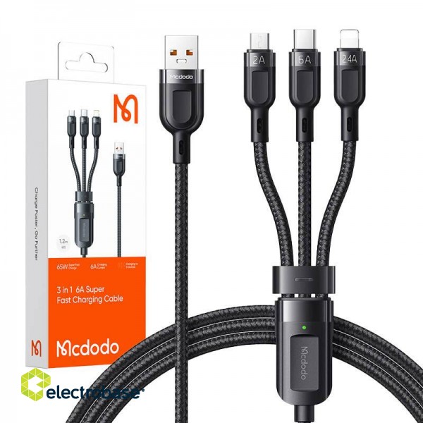 3in1 USB to USB-C / Lightning / Micro USB Cable, Mcdodo CA-0930, 6A, 1.2m (Black) paveikslėlis 3