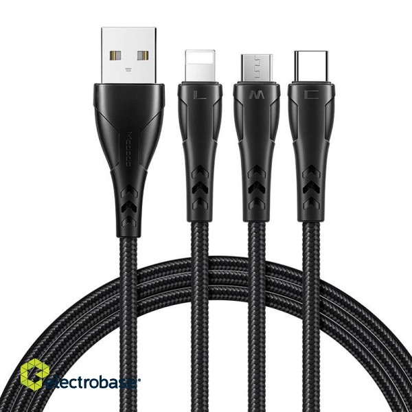 3in1 USB to USB-C / Lightning / Micro USB Cable, Mcdodo CA-6960, 1.2m (Black) фото 1