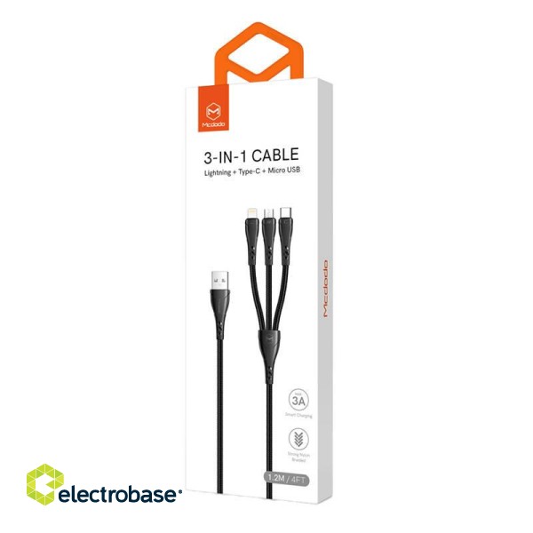 3in1 USB to USB-C / Lightning / Micro USB Cable, Mcdodo CA-6960, 1.2m (Black) paveikslėlis 2