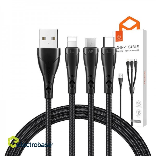 3in1 USB to USB-C / Lightning / Micro USB Cable, Mcdodo CA-6960, 1.2m (Black) фото 3