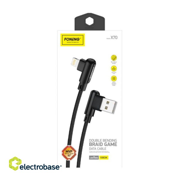 Angled USB cable for Lightning Foneng X70, 3A, 1m (black) paveikslėlis 2