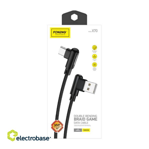 Foneng X70 Angled USB to USB-C cable, 3A, 1m (black) paveikslėlis 2