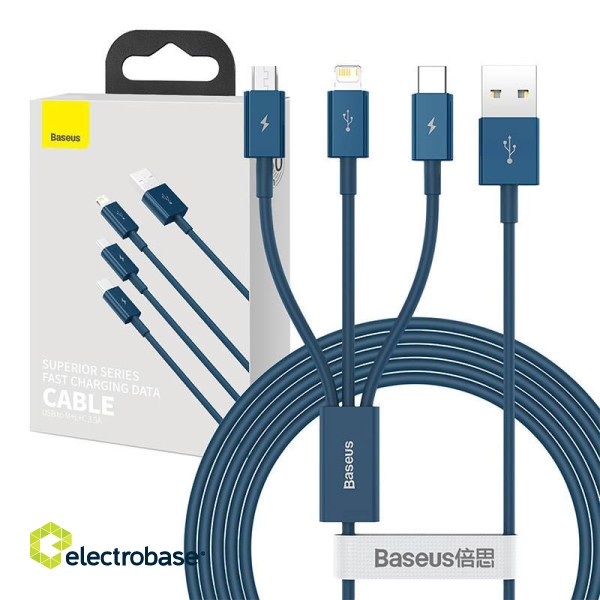 USB cable 3in1 Baseus Superior Series, USB to micro USB / USB-C / Lightning, 3.5A, 1.5m (blue) image 1