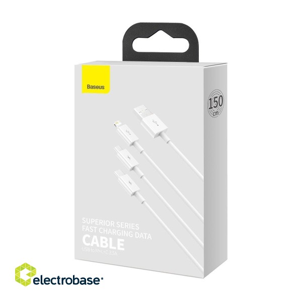 USB cable 3in1 Baseus Superior Series, USB to micro USB / USB-C / Lightning, 3.5A, 1.2m (white) paveikslėlis 8
