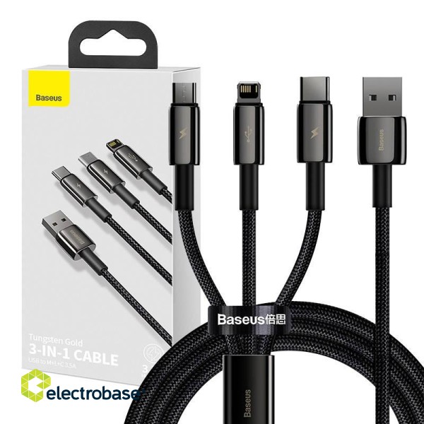 USB cable 3in1 Baseus Tungsten Gold, USB to micro USB / USB-C / Lightning, 3.5A, 1.5m (black) image 1