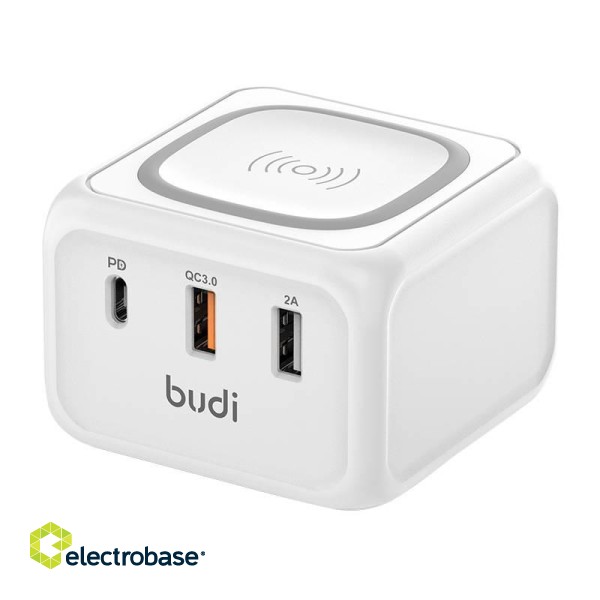 Inductive charger 10W Budi 317TE, 2x USB + USB-C, 18W (white) image 1