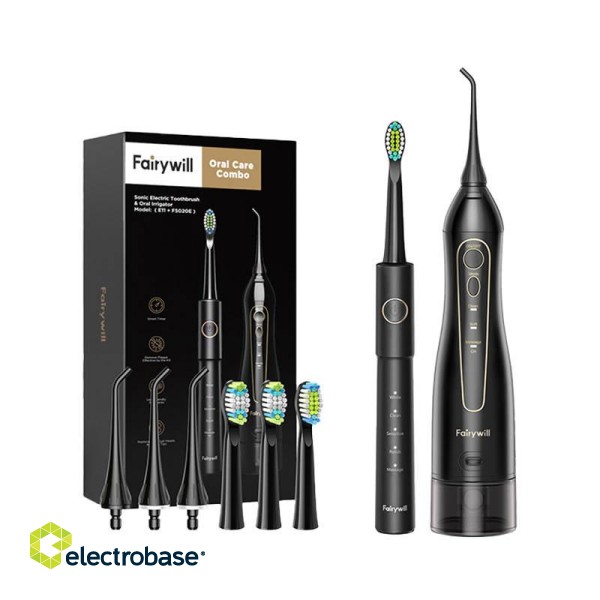 Sonic toothbrush with tip set and water fosser FairyWill FW-5020E + FW-E11 (black) фото 1