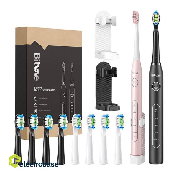 Sonic toothbrushes with tips set and 2 toothbrush holders Bitvae D2+D2 (pink and black) фото 1
