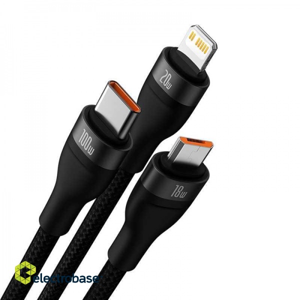 3in1 USB cable Baseus Flash Series 2, USB-C + micro USB + Lightning, 100W, 1.2m (black) paveikslėlis 7