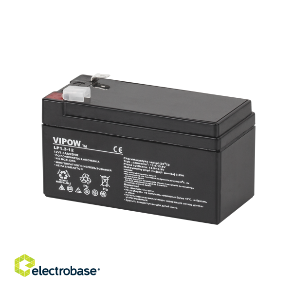 Primary batteries, rechargable batteries and power supply // Battery 12V, 6V, 4V |  lead-acid sealed battery | AGM VRLA // Akumulator żelowy VIPOW 12V 1.3Ah
