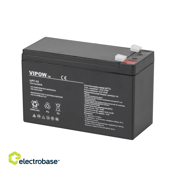 Primary batteries, rechargable batteries and power supply // Battery 12V, 6V, 4V |  lead-acid sealed battery | AGM VRLA // Akumulator żelowy VIPOW 12V 7.0Ah