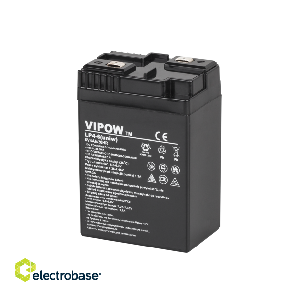 Primary batteries, rechargable batteries and power supply // Battery 12V, 6V, 4V |  lead-acid sealed battery | AGM VRLA // Akumulator żelowy VIPOW 6V 4Ah (uniw.)