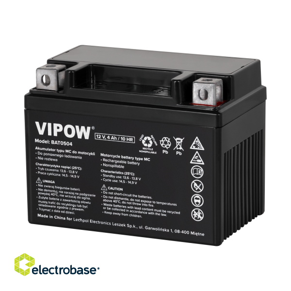 Primary batteries, rechargable batteries and power supply // Battery 12V, 6V, 4V |  lead-acid sealed battery | AGM VRLA // Akumulator VIPOW typ MC do motocykli 12V 3Ah