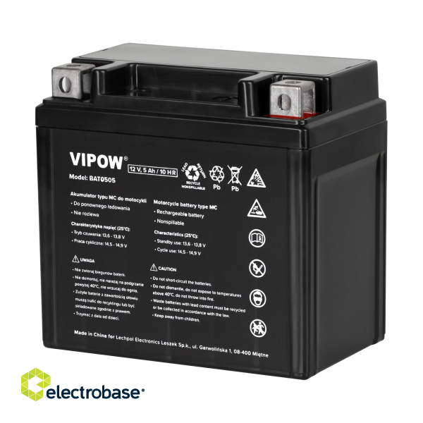 Primary batteries, rechargable batteries and power supply // Battery 12V, 6V, 4V |  lead-acid sealed battery | AGM VRLA // Akumulator VIPOW typ MC do motocykli 12V 5Ah