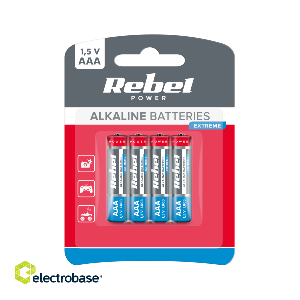 Primary batteries, rechargable batteries and power supply // Batteries AA, AAA and other sizes, chargers for ordering // Baterie alkaliczne REBEL EXTREME LR03 4szt./bl.