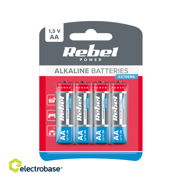 Primary batteries, rechargable batteries and power supply // Batteries AA, AAA and other sizes, chargers for ordering // Baterie alkaliczne REBEL EXTREME LR06 4szt./bl.