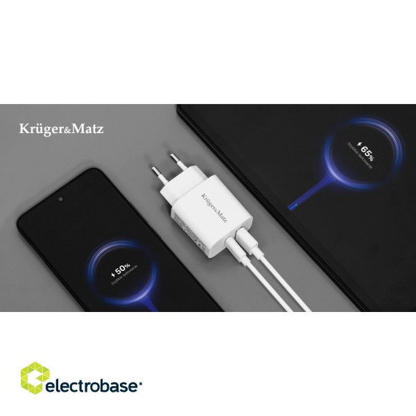 Mobilie Telefoni un aksesuāri // Wall chargers // Ładowarka sieciowa Kruger&amp;Matz GaN dual USB z funkcją Power Delivery i Quick Charge image 7