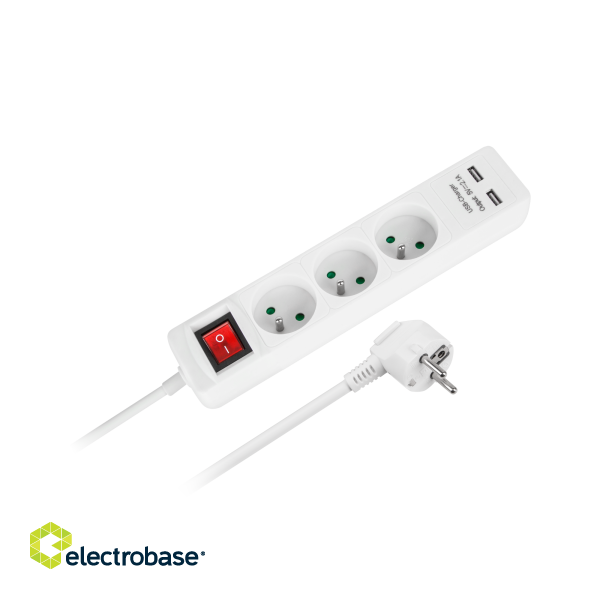 Electric Materials // Power strips, splitters, and UK/US adapters // Przedłużacz sieciowy Rebel  3 gniazda + 2 gniazda USB, z wyłącznikiem - 3m image 1