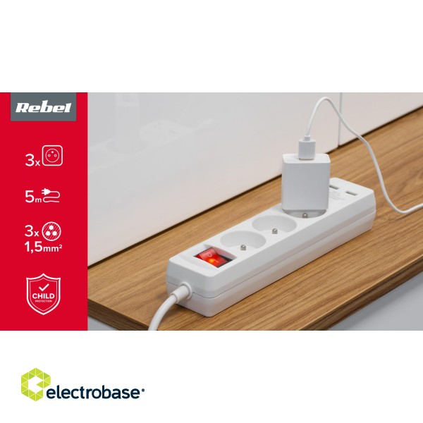 Elektrimaterjalid // Elektrimaterjalide väljamüük | Madalate hindade kampaaniad // Przedłużacz sieciowy Rebel 3 gniazda + 2 gniazda USB z wyłacznikiem - 5m image 4