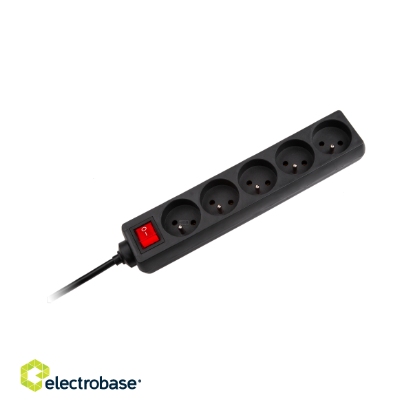 Electric Materials // Power strips, splitters, and UK/US adapters // Przedłużacz sieciowy Rebel czarny 5 gniazd z przełącznikiem, kabel 5m (1,5mm) image 2