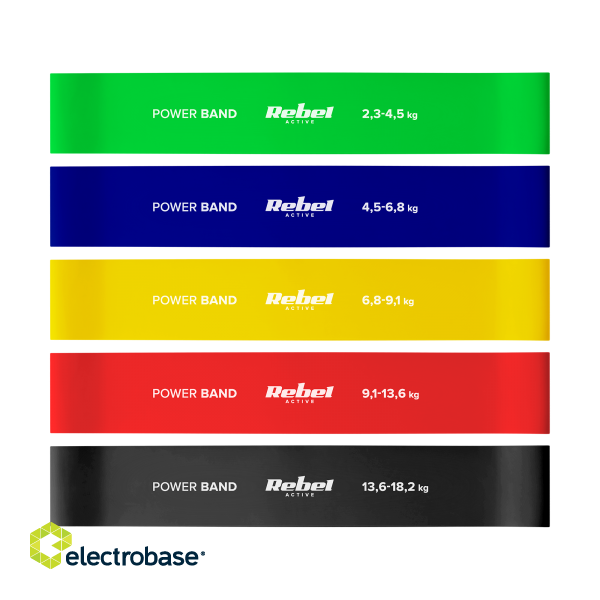 Urheiluun ja aktiiviseen virkistykseen // Sport Equipment // Zestaw gum do ćwiczeń lateksowy - Mini Band L, 2.3-18.2 kg, 5 gum, kolorowy,  REBEL ACTIVE image 3