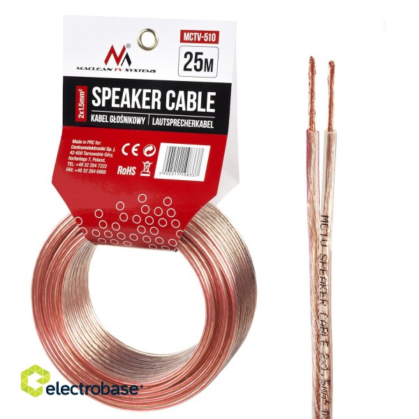 Akustinės garso sistemos kabelis ir laidas. Garsiakalbio kabelis // Kabel przewód głośnikowy transparent PVC Maclean, 2*1.5mm2 / 48*0.20 CCA 3,5*7,0mm, 25m, MCTV-510 paveikslėlis 1