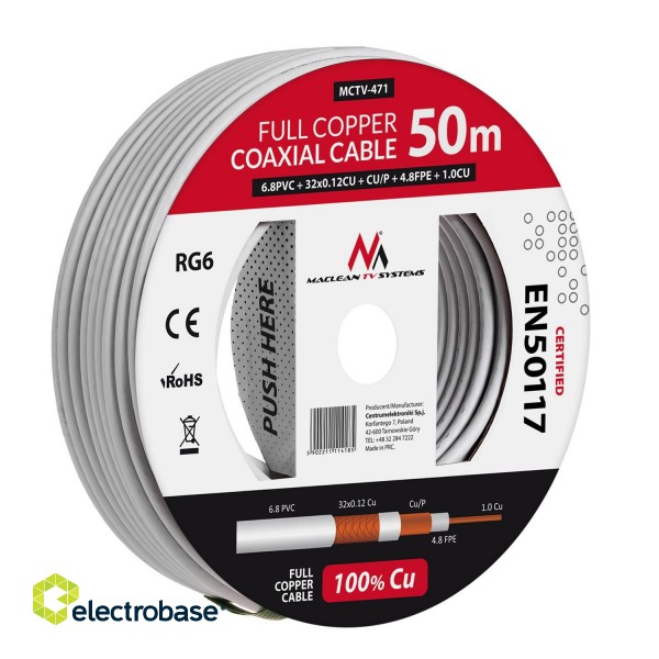 Cables // Coaxial Cables // Kabel  koncentryczny Maclean, Przewód antenowy satelitarny, RG6 1.02CU+4.8FPE+CU/P+32*0.12CU+6.8PVC, 50M, MCTV-471 image 1