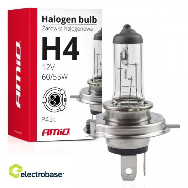 LED valgustus // Light bulbs for CARS // Żarówka halogenowa h4 12v 60/55w filtr uv (e4) amio-01268 image 1