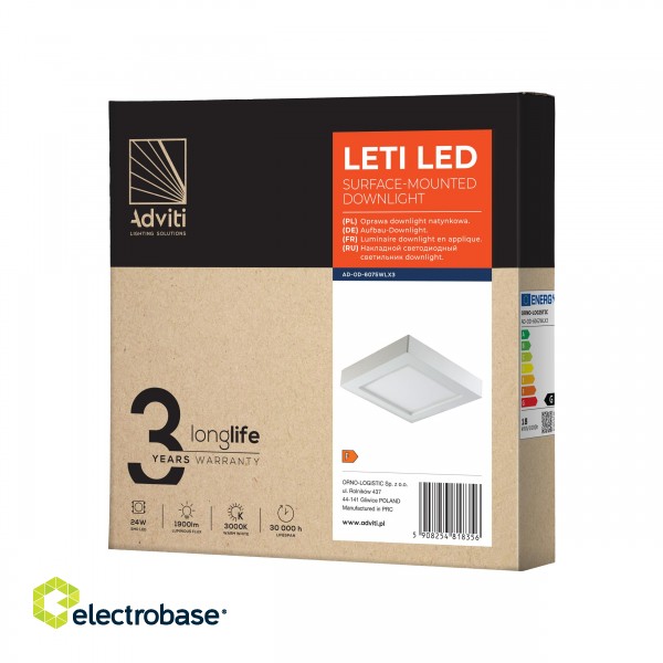 Apgaismojums LED // New Arrival // LETI LED 24W, oprawa downlight, natynkowa, kwadratowa, 1900lm, 3000K, biała, wbudowany zasilacz LED image 2