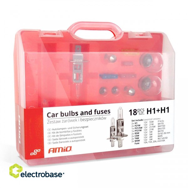 LED valgustus // Light bulbs for CARS // Zestaw żarówek i bezpieczników zasobnik 18 szt 2xh1 amio-01495