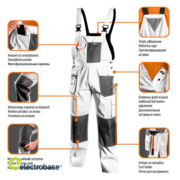 Darba, aizsardzības, augstas redzamības apģērbi // Spodnie robocze na szelkach, białe, HD, rozmiar S/48 image 3