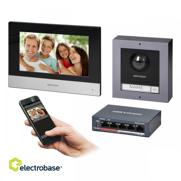 Domofoni (namruņi) | Durvju zvani // Video/Audio namrunis // HIKVISION DS-KIS602(B) zestaw wideodomofonowy PoE jednorodzinny z monitorem dotykowym 7" z WiFi, panelem zewnętrznym z kamerą FullHD i PoE switch