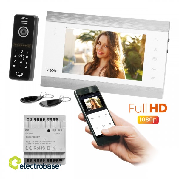 Domofoni (namruņi) | Durvju zvani // Video/Audio namrunis // VIFIS Full HD zestaw wideodomofonowy (bezsłuchawkowy, szyfrator, czytnik zbliżeniowy, sterowanie z aplikacji, zasilacz na szynę DIN, biały)