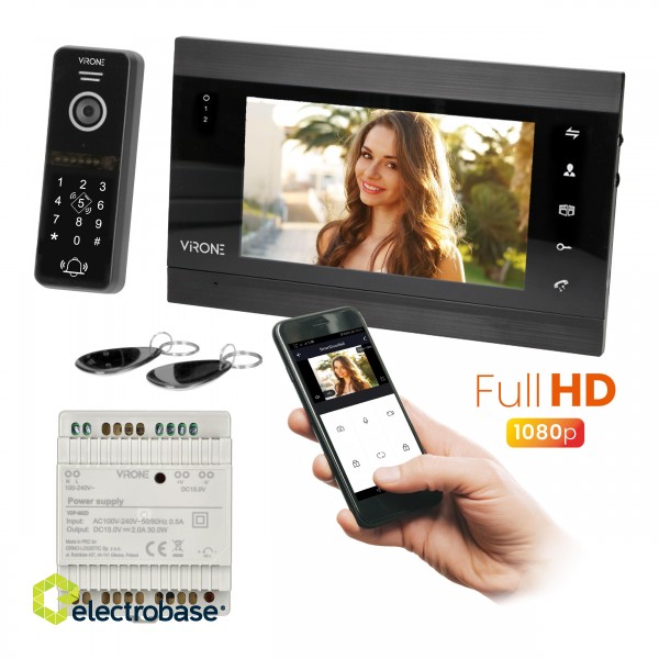 Domofoni (namruņi) | Durvju zvani // Video/Audio namrunis // VIFIS Full HD zestaw wideodomofonowy  z kamerą Full HD (bezsłuchawkowy , szyfrator, czytnik zbliżeniow, sterowanie z aplikacji, zasilacz na szynę DIN, czarny) image 1