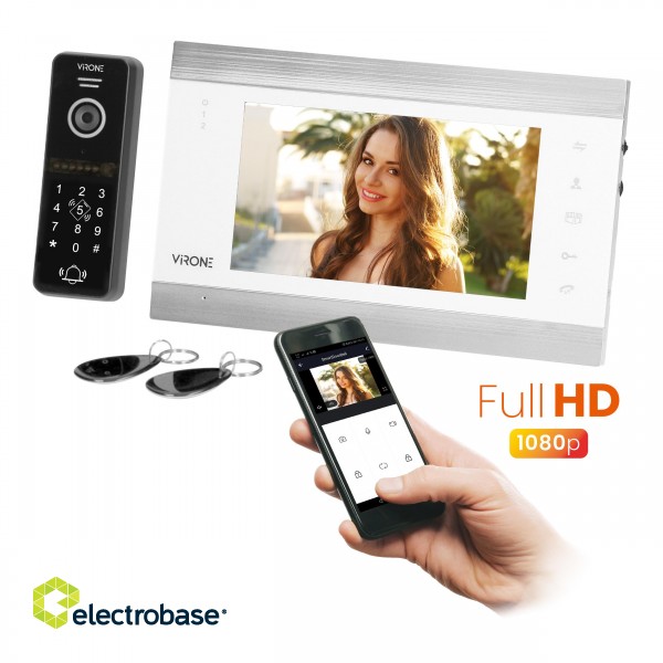 Doorpfones | Door Bels // Video doorphones HD // Zestaw wideo domofonowy VIFIS Full HD, bezsłuchawkowy, monitor 7" LCD,  menu OSD, kamera Full HD 1080P, z szyfratorem i czytnikiem kart i breloków oraz aplikacją mobilną, biały image 1