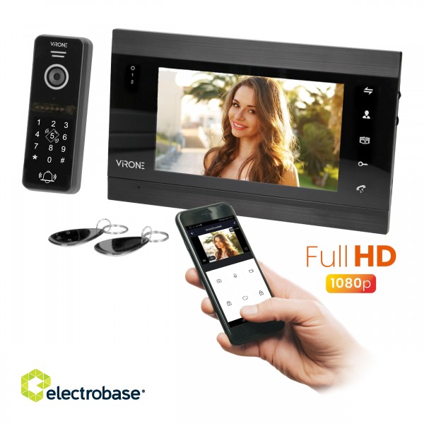 Doorpfones | Door Bels // Video doorphones HD // Zestaw wideo domofonowy VIFIS Full HD, bezsłuchawkowy, monitor 7" LCD,  menu OSD, kamera Full HD 1080P, z szyfratorem i czytnikiem kart i breloków oraz aplikacją mobilną, czarny image 1