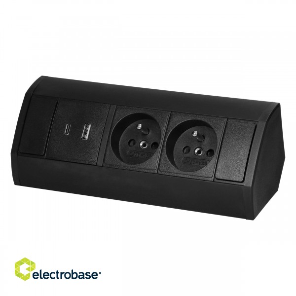 Elektromateriāli // Mēbeļu elektriskie slēdži un rozetes, USB rozetes // Gniazdo meblowe 2x2P+Z, 2xUSB (typ A+C; 2,4A), czarne