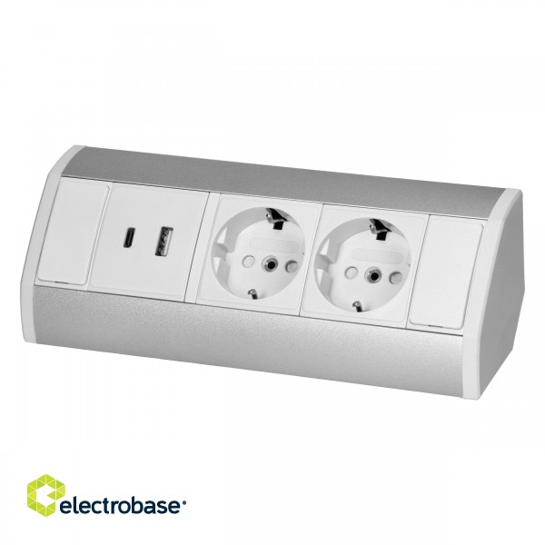Electric Materials // Furniture electrical switches and sockets, USB sockets // Gniazdo meblowe 2x2P+Z (Schuko), 2xUSB (typ A+C; 2,4A), biało-srebrne