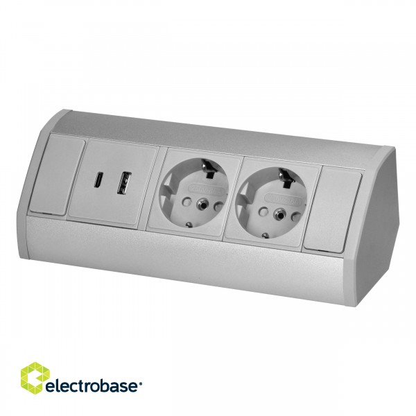 Elektromateriāli // Mēbeļu elektriskie slēdži un rozetes, USB rozetes // Gniazdo meblowe 2x2P+Z (Schuko), 2xUSB (typ A+C; 2,4A), szaro-srebrne