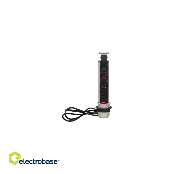 Elektromateriāli // Mēbeļu elektriskie slēdži un rozetes, USB rozetes // Gniazdo meblowe ?6cm wysuwane z blatu z ładowarką USB, blokadą i przewodem 1,8m, 3x2P+Z image 1